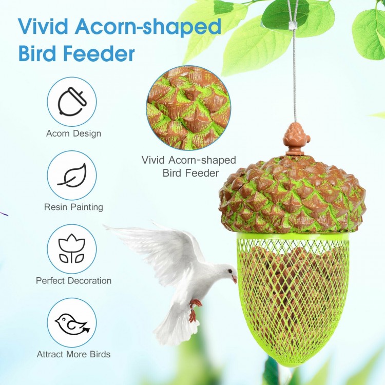 Acorn-shaped metal bird feeder in brown with mesh design, perfect for outdoor decoration and attracting more birds.