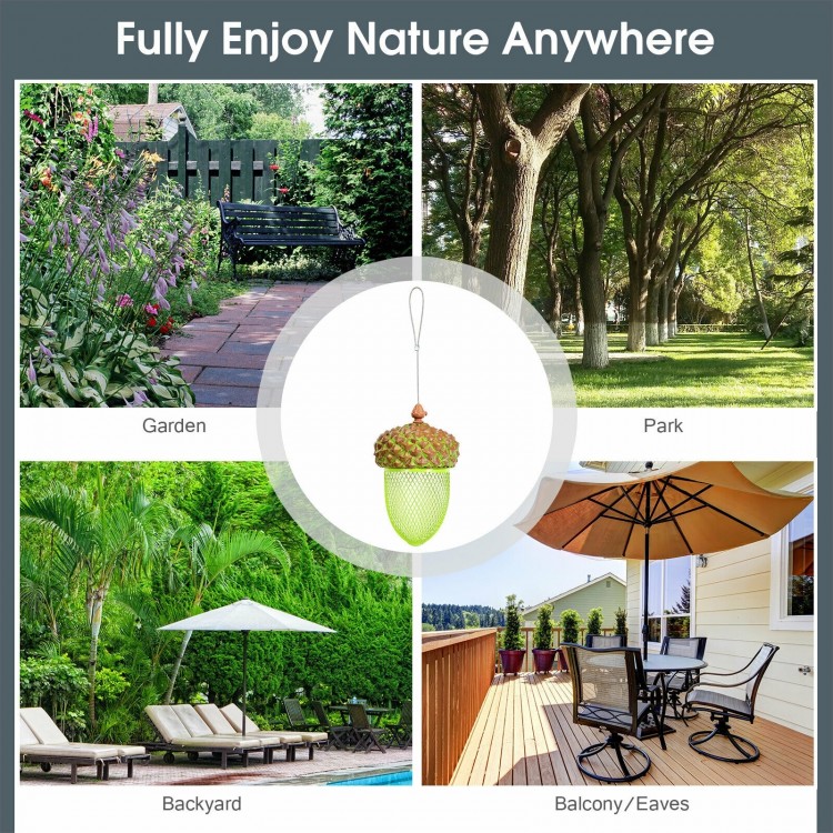 Acorn-shaped metal bird feeder in brown, designed for outdoor hanging in gardens, backyards, and balconies.