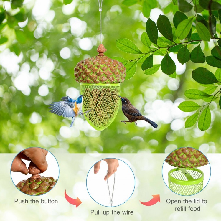 Acorn-shaped metal bird feeder in brown, featuring a sturdy design and easy refill mechanism for outdoor gardens.