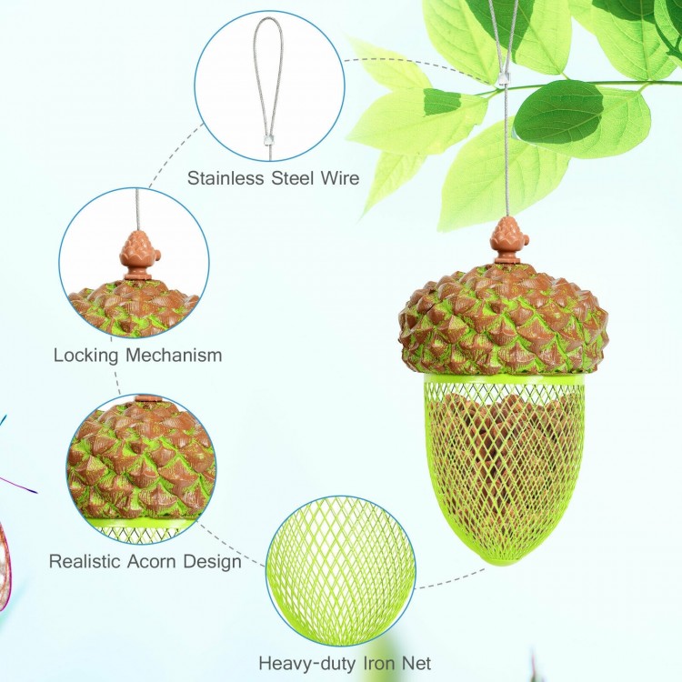 Brown metal acorn bird feeder with locking mechanism, stainless steel wire, and sturdy iron mesh for outdoor use.