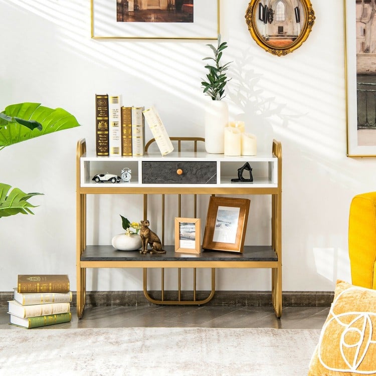 Faux marble console table with drawer storage and open compartments, ideal for living room or entryway decor.