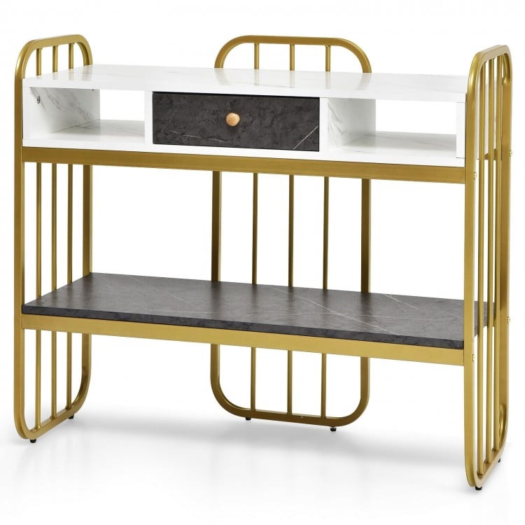 Faux marble console table with drawer and open shelves, featuring a sturdy metal frame for versatile storage solutions.