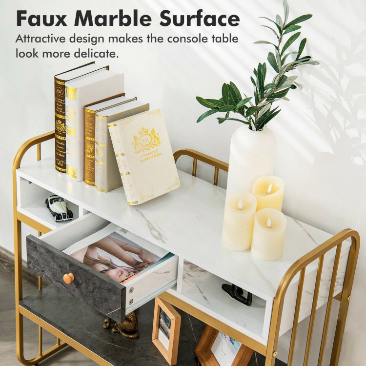 Faux marble console table with wide tabletop, two open compartments, and deep drawer for versatile storage solutions.