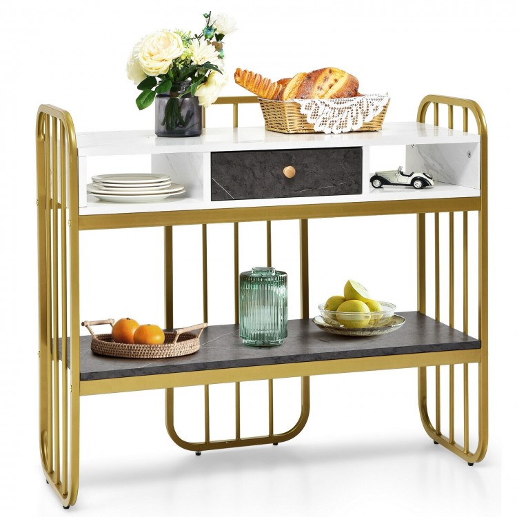 Faux marble console table with drawer and open shelves, ideal for living room or entryway storage and decoration.