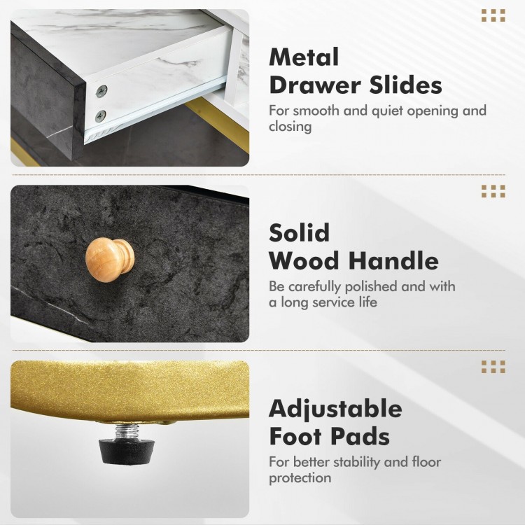Faux marble console table with wide tabletop, deep drawer, and adjustable foot pads for stability and storage.