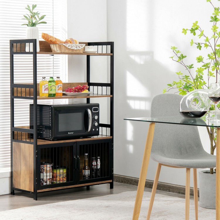 3-tier baker's rack in rustic brown with open shelves and a 2-door cabinet, ideal for kitchen storage and organization.