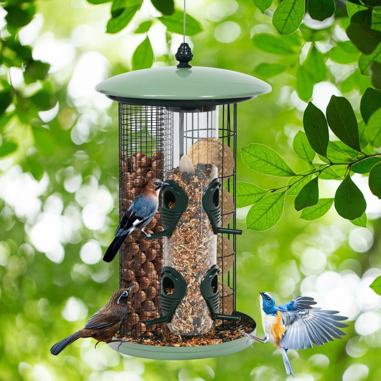 3-in-1 metal hanging wild bird feeder with 4 feeding ports, designed for easy refilling and attracting various birds.