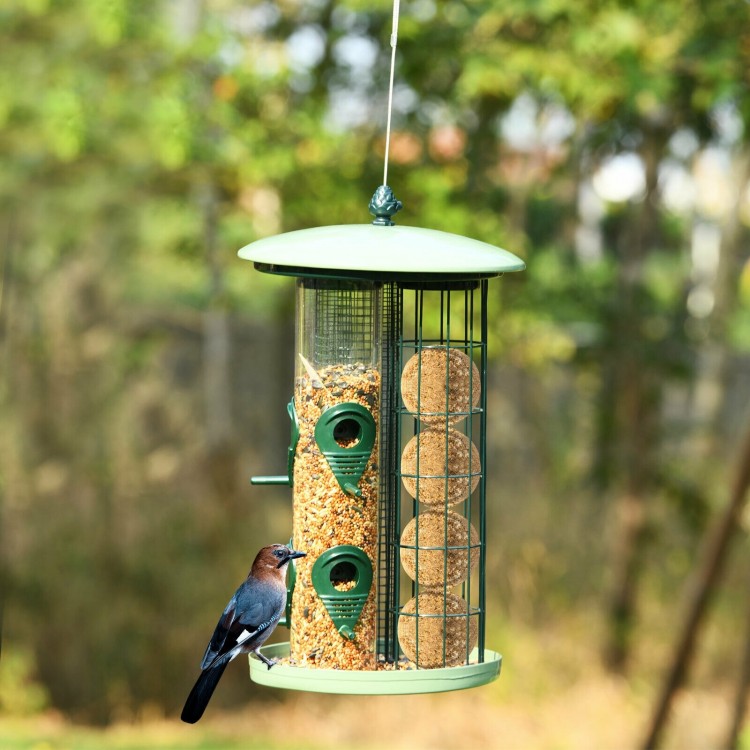 Hanging 3-in-1 wild bird feeder made of premium iron with 4 feeding ports, perfect for attracting various birds.