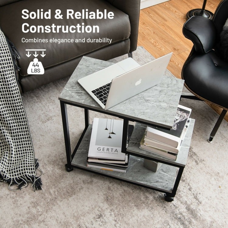 3-tier side table with storage in black, featuring a durable MDF top and portable casters for versatile use in any room.