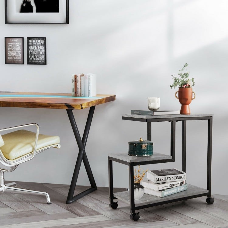 3-tier side table in black with universal casters, perfect for living room or bedroom storage and organization.