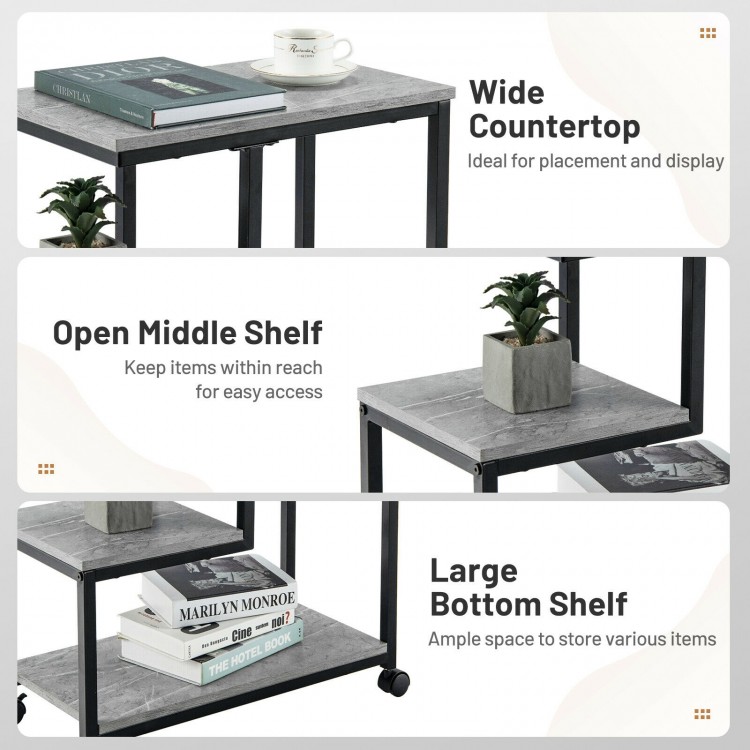 3-tier side table with black powder-coated steel frame and wide countertop, ideal for living room or bedroom storage.