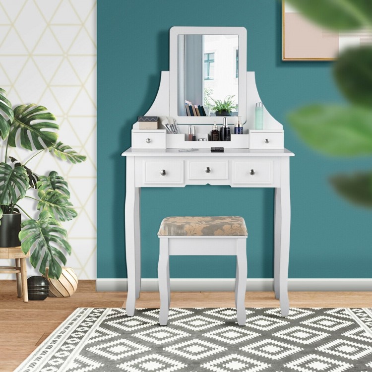 White makeup dressing vanity set with 5 drawers, removable top, and padded stool for comfortable use in any room.