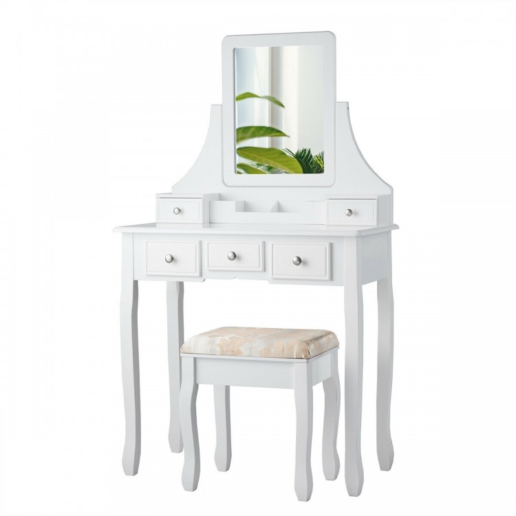 White makeup dressing vanity set with 5 drawers, removable box, and padded stool for a stylish and functional setup.