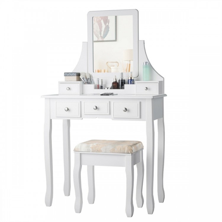 White makeup dressing vanity set with 5 drawers, removable box, and padded stool for a stylish and comfortable.