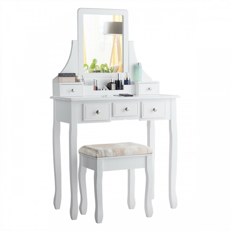 White makeup dressing vanity set with 5 drawers, padded stool, and a rotating mirror for a stylish and functional setup.