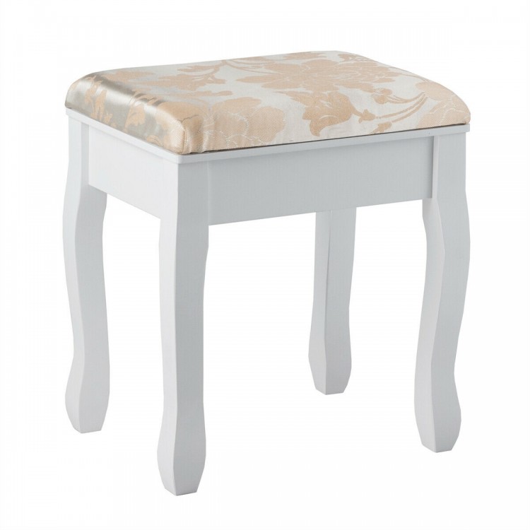 White padded stool with floral pattern, part of a makeup vanity set, offering comfort and style for your beauty routine.