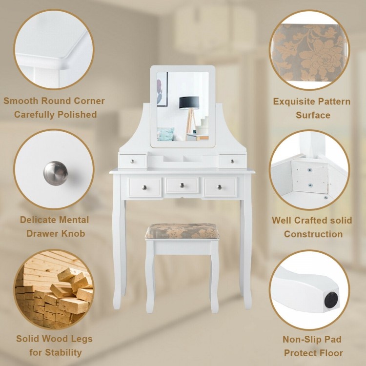 White 5-drawer makeup dressing vanity set with a removable top, padded stool, and rotated mirror for a stylish makeup.