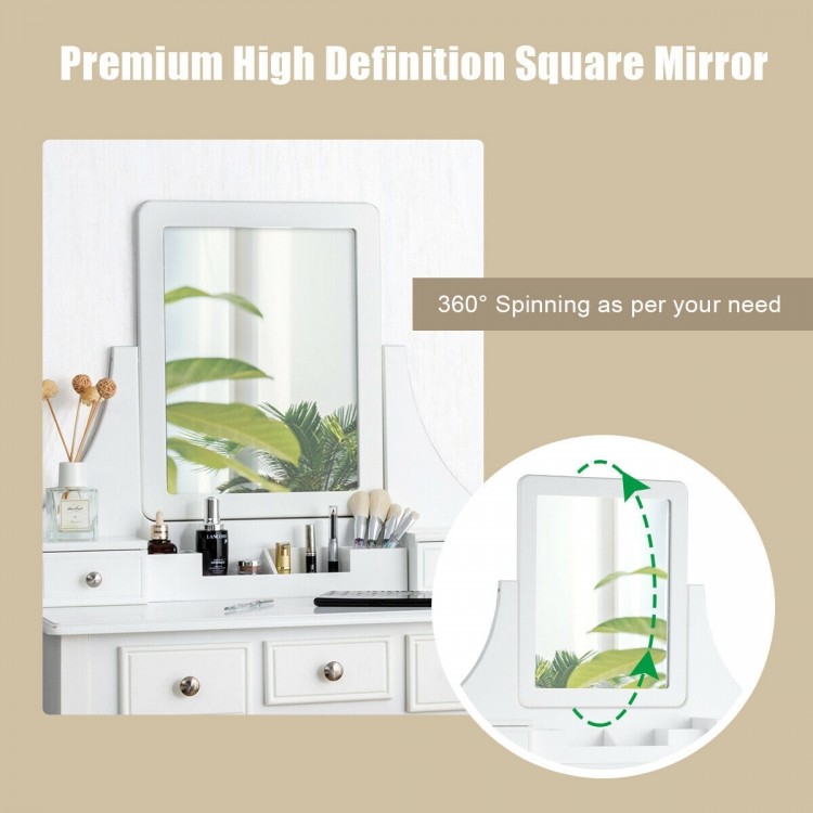 Square mirror with 360° rotation on a white vanity set, featuring 5 drawers and a comfortable padded stool for makeup.