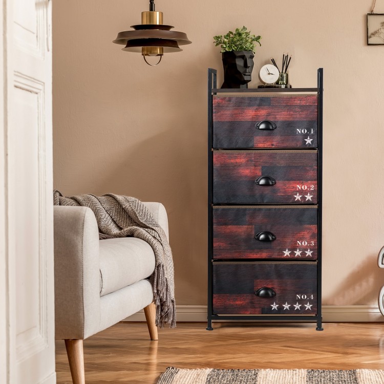 Industrial 4-drawer storage dresser with a metal frame and fabric drawers, perfect for organizing any room.