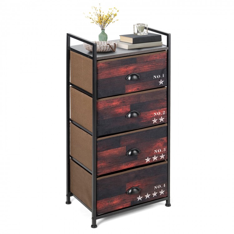 Industrial 4-drawer storage dresser with a sturdy metal frame and wooden top, perfect for organizing clothes and decor.