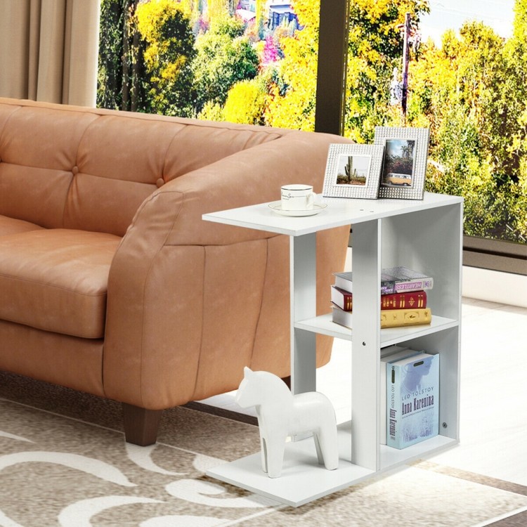 Narrow 3-tier side table with storage shelf in white, perfect as a nightstand or end table for modern spaces.