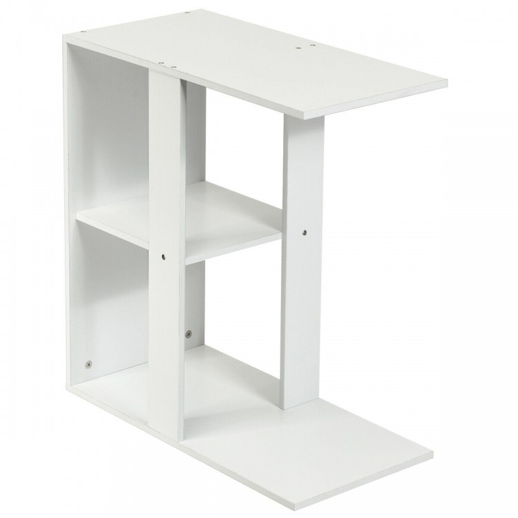 3-tier narrow side table in white with open storage shelf, ideal for living room or bedroom use.