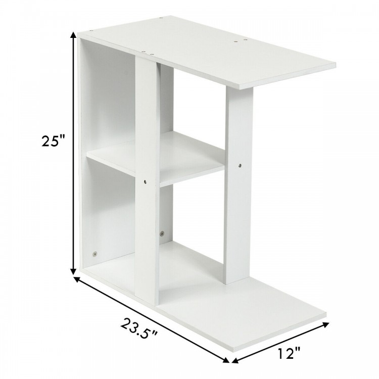 Narrow 3-tier side table in white with open storage shelf, ideal for books and remote controls, perfect for modern.