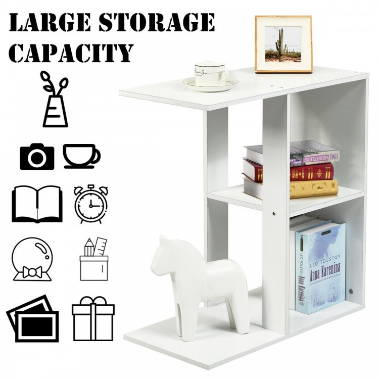 3-tier narrow side table in white with storage shelf, made of particle board, ideal for books and daily items.