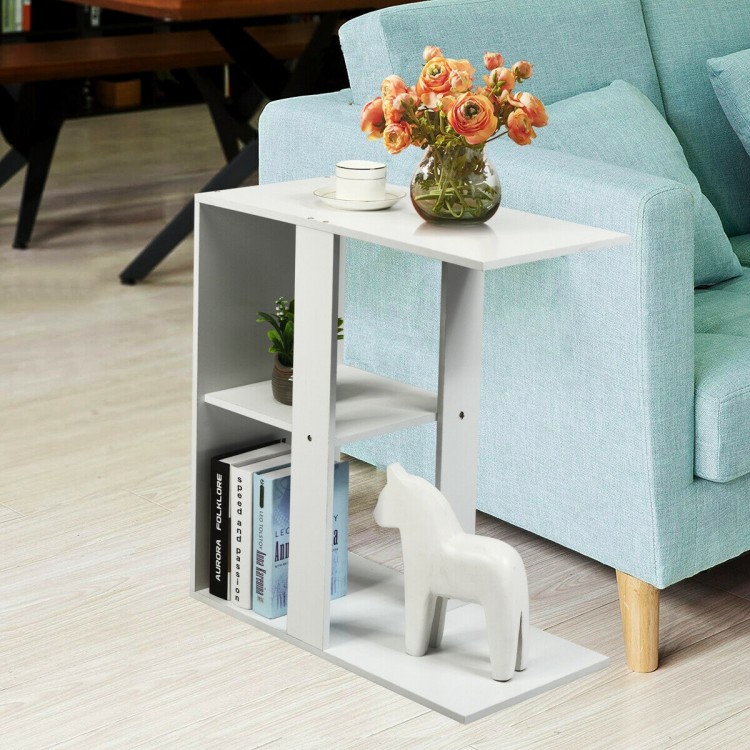 Narrow 3-tier side table with storage shelf, crafted from particle board, ideal for living room or bedroom use.