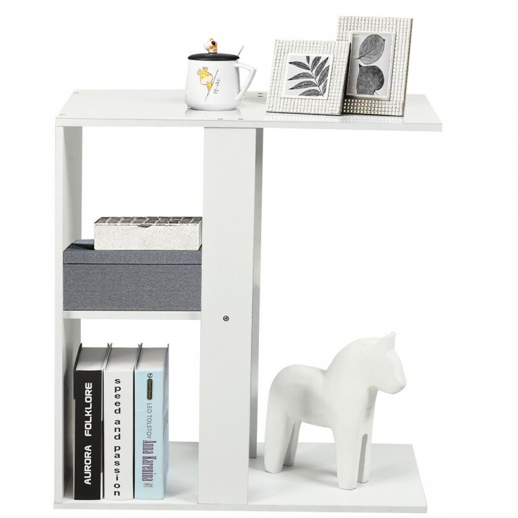 3-tier narrow side table with storage shelf in white, featuring a smooth surface and ample space for books and decor.