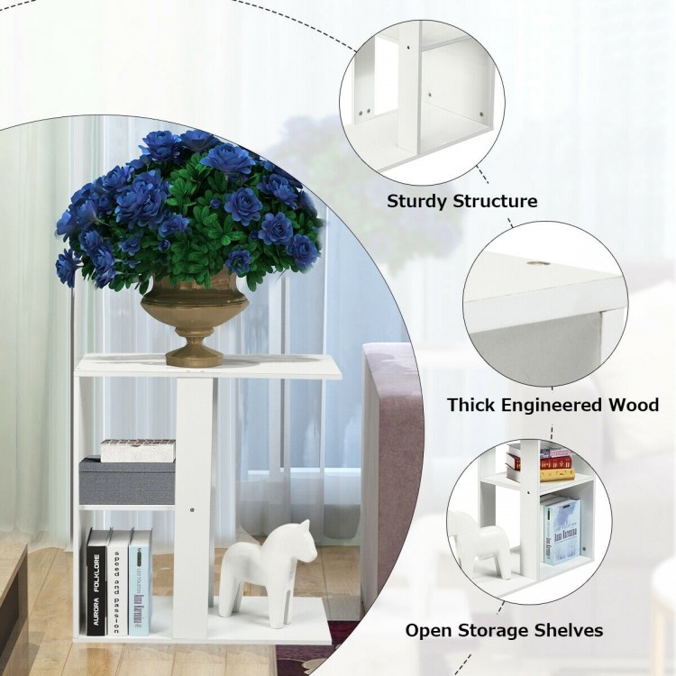 3-tier narrow side table in white with open storage shelf, crafted from durable particle board for versatile use.