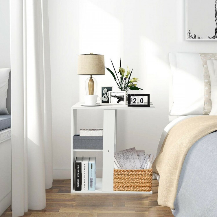 Modern 3-tier narrow side table with storage shelf, crafted from particle board, ideal as a nightstand or end table.