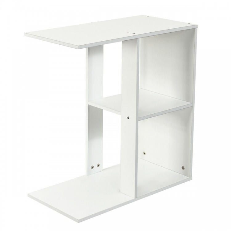 Narrow 3-tier side table in white with open storage shelf, perfect for remote controls and books in any room.