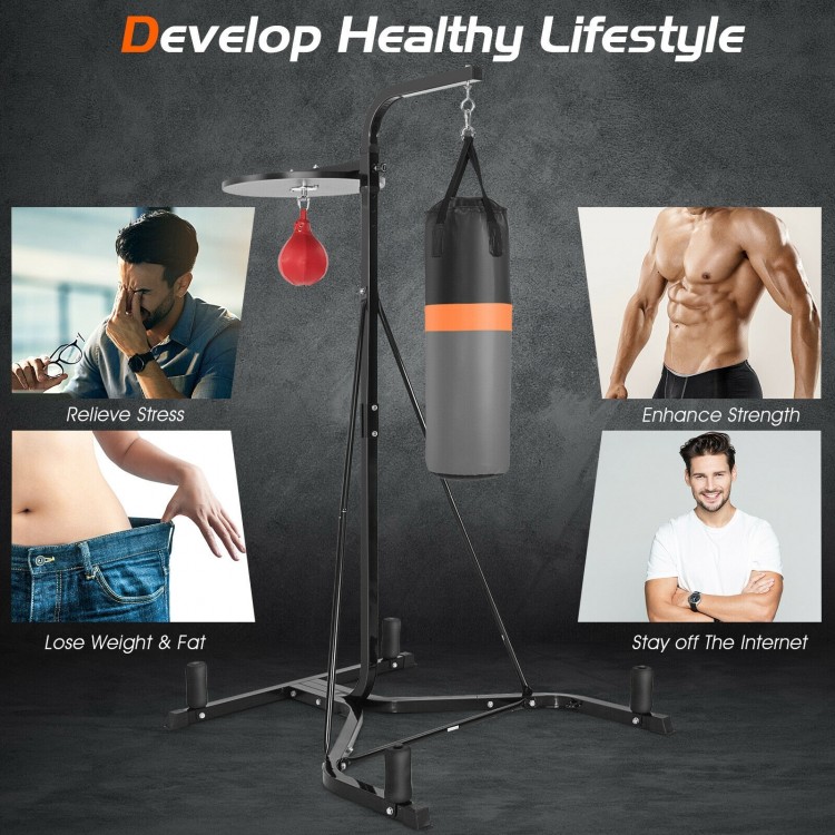 Heavy duty boxing punching stand with adjustable speed bag and heavy bag, ideal for home gym strength training.