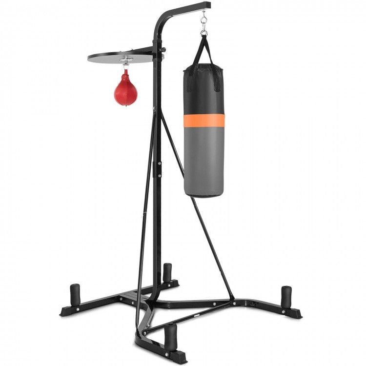 Heavy duty boxing punching stand featuring a heavy bag and adjustable speed bag, ideal for home gym strength training.