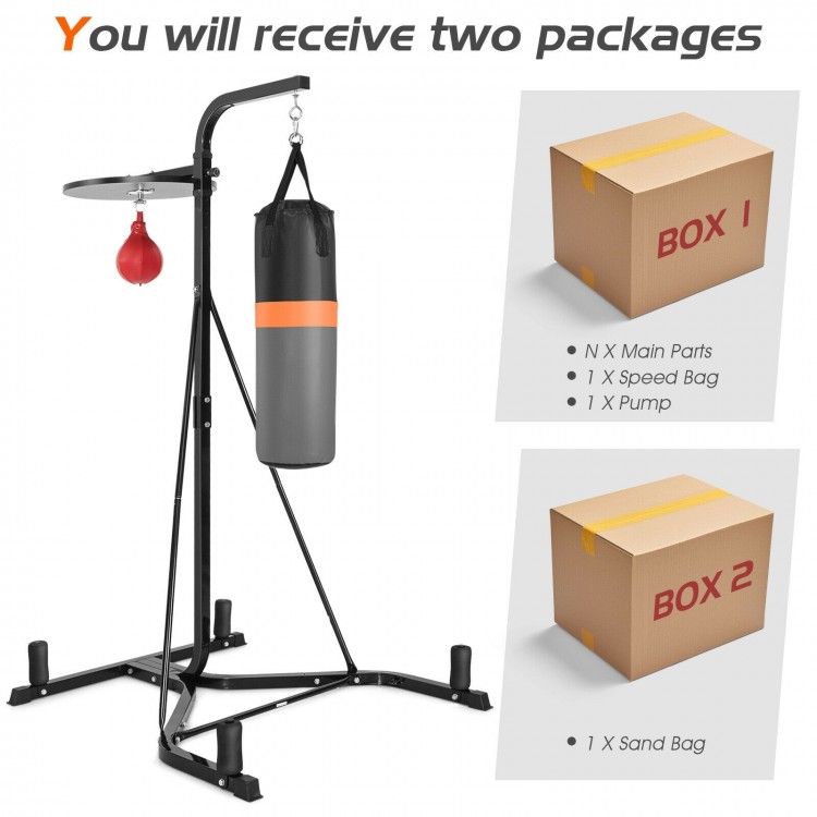 Heavy duty boxing punching stand with heavy bag and speed bag, featuring a sturdy steel frame for home gym workouts.