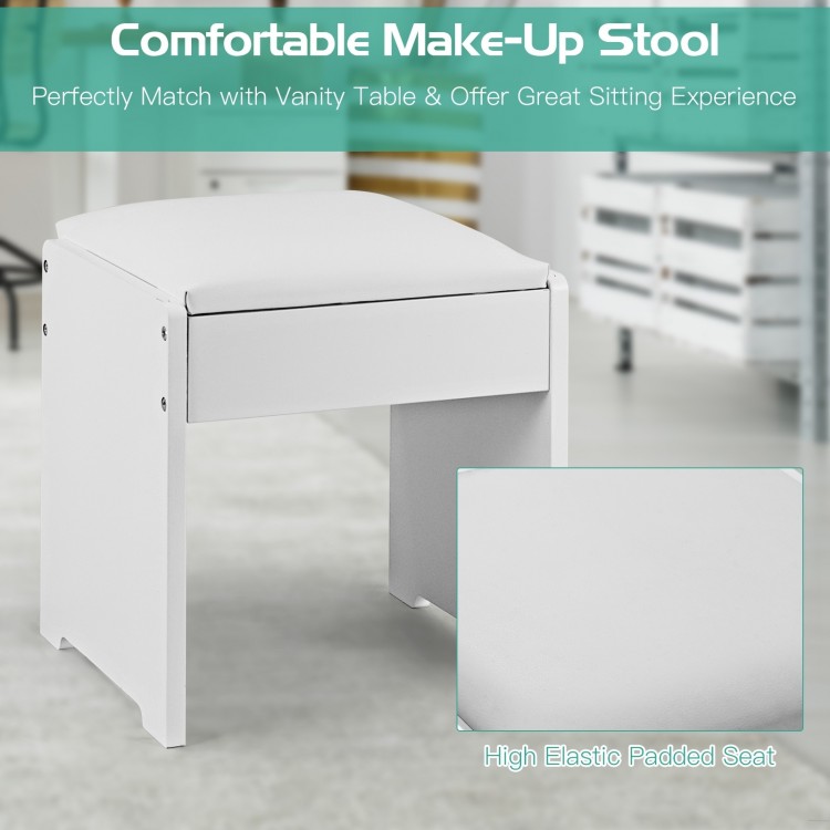 Cushioned makeup stool in white, designed for comfort, complements the vanity table set for a stylish bedroom.