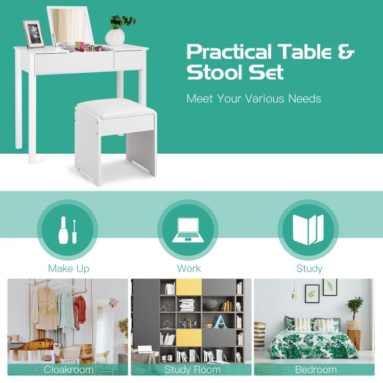 Vanity makeup dressing table set in white with flip-top mirror and cushioned stool, ideal for bedroom organization.