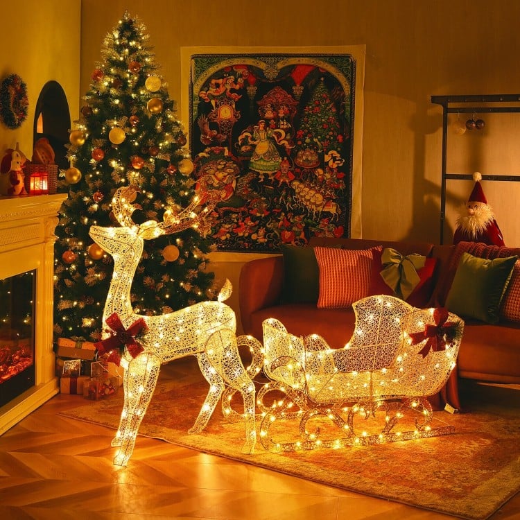 6 Feet Christmas Lighted Reindeer and Santa's Sleigh Decoration with 4 Stakes - Gallery View 1 of 8