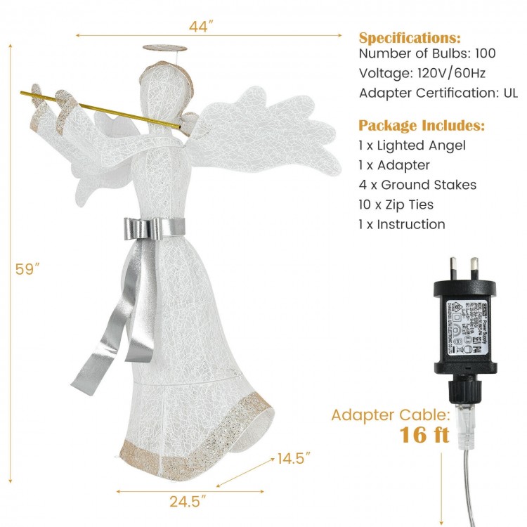 Lighted angel Christmas decoration, 5 ft tall with 100 LED lights, made of weather-resistant steel and tinsel for.