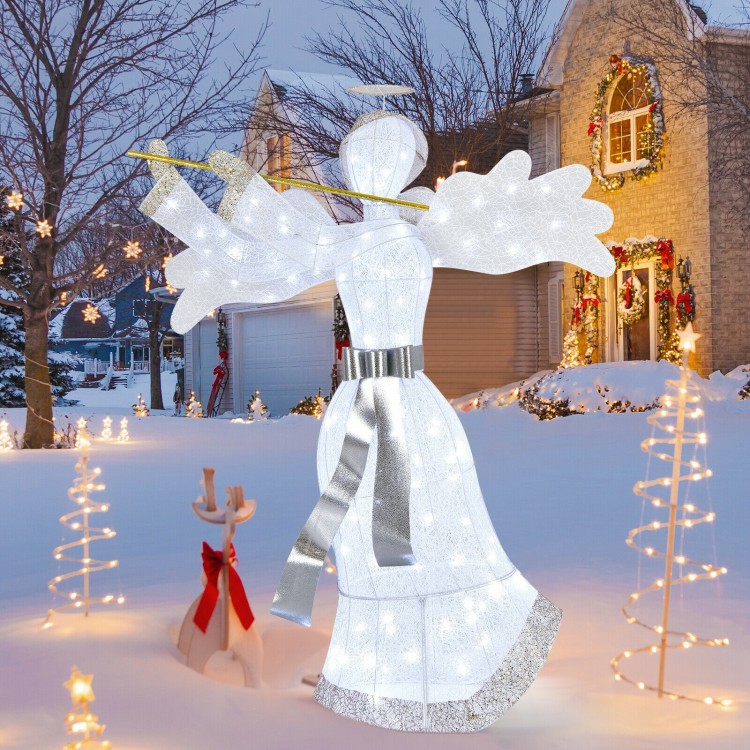 5 ft pre-lit angel Christmas decoration with 100 LED lights, weather-resistant steel frame, perfect for outdoor holiday.