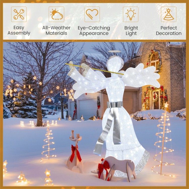 5 ft pre-lit angel Christmas decoration with 100 LED lights, weather-resistant frame, perfect for outdoor holiday.