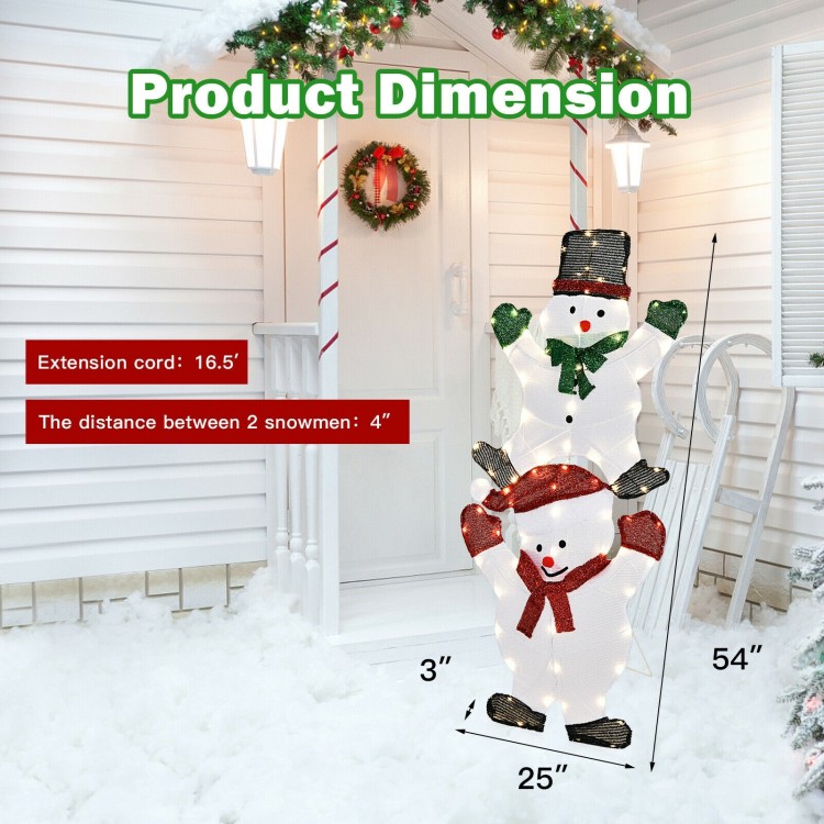 54-inch snowman Christmas decoration with bright lights, sturdy frame, and waterproof plug for outdoor festive displays.