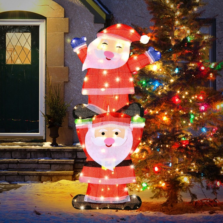 LED double Santa yard decoration with 80 LED lights, rust-resistant frame, and stakes for stable outdoor display.
