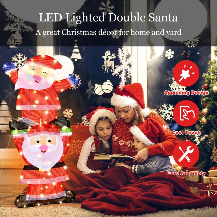 LED Double Santa yard decoration with 80 LED lights, waterproof tinsel, and sturdy steel frame for festive outdoor.