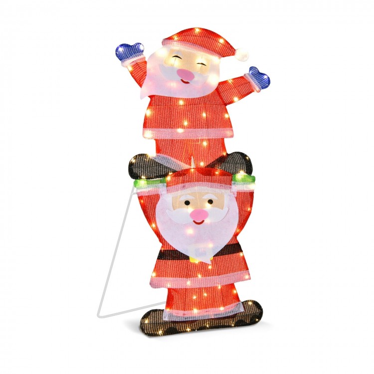 LED double Santa yard decoration with 80 LED lights, rust-resistant frame, and stakes for outdoor Christmas displays.