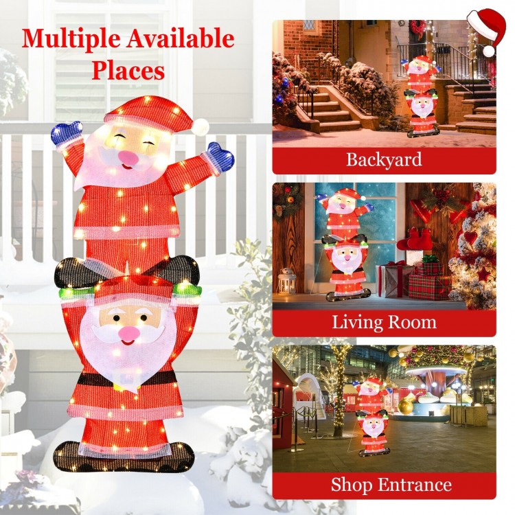 LED Double Santa yard decoration with 80 LED lights, rust-resistant frame, and stakes for outdoor Christmas cheer.
