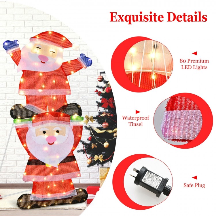 LED Double Santa yard decoration featuring 80 LED lights, waterproof tinsel, and a sturdy steel frame for outdoor use.
