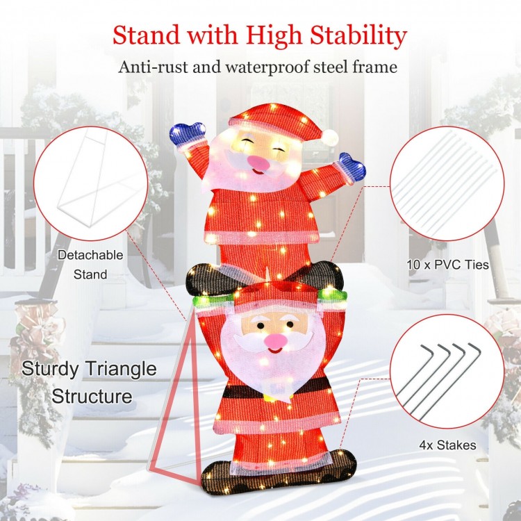 LED double Santa yard decoration with 80 LED lights, sturdy steel frame, and 4 stakes for outdoor stability.