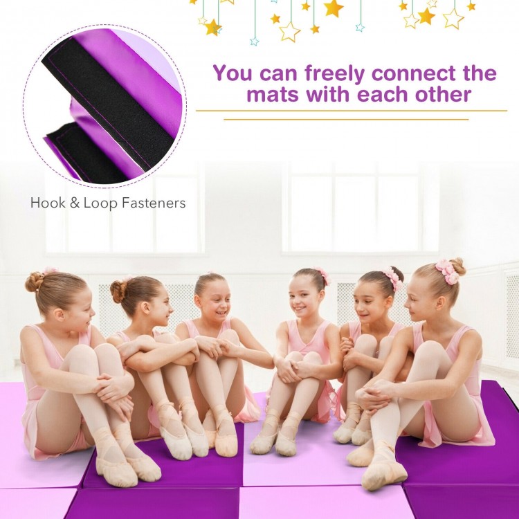 Folding gymnastics panel mat in pink, 4' x 8', featuring hook and loop fasteners for easy combination and storage.